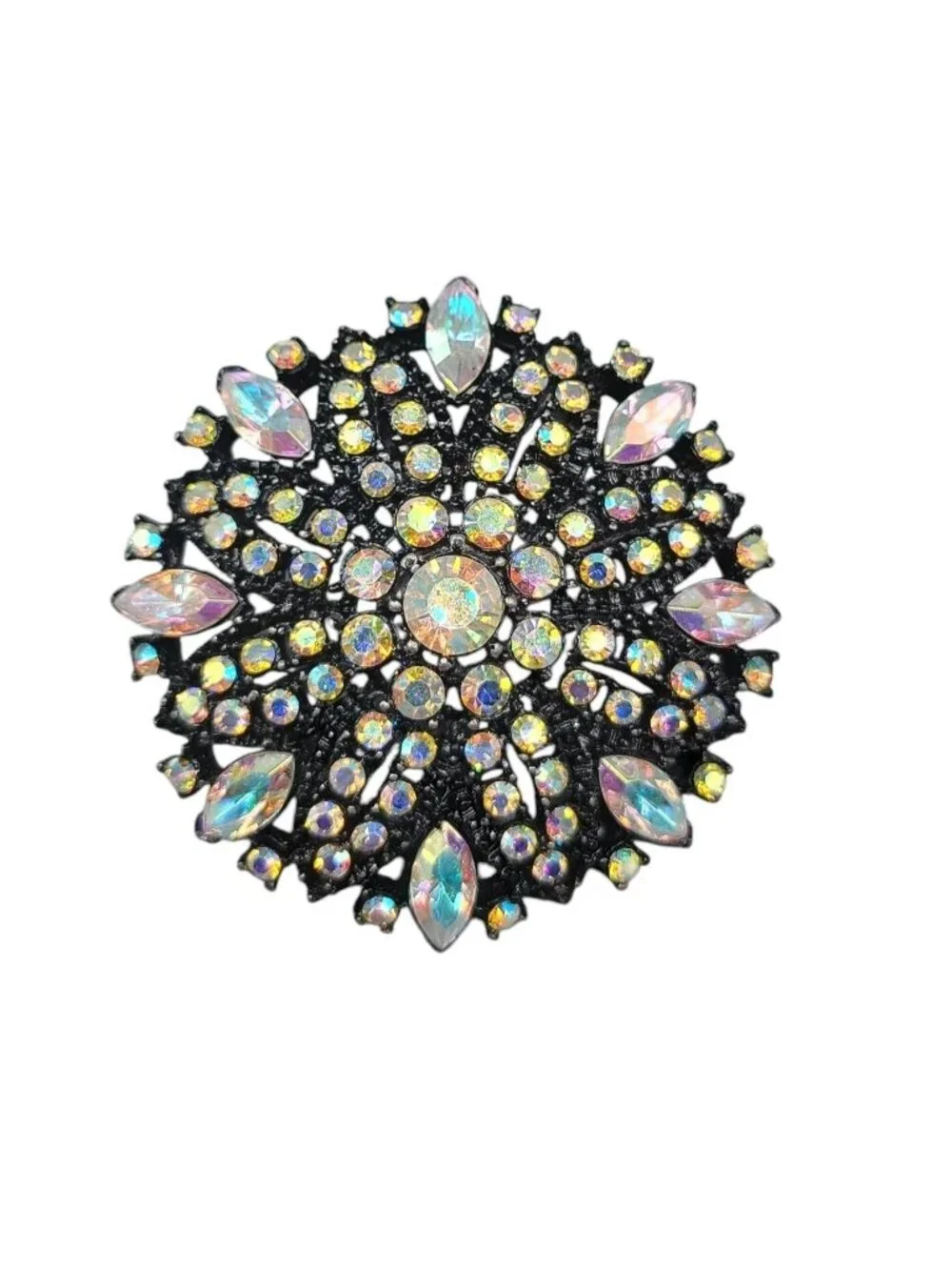 Vintage Style Aurora Borealis Rhinestone Brooch Pendant Domed Black Starburst